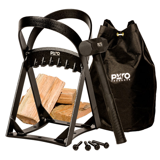 PyroProducts kindling splitter with hammer, storage bag and 4 black screws on a white background